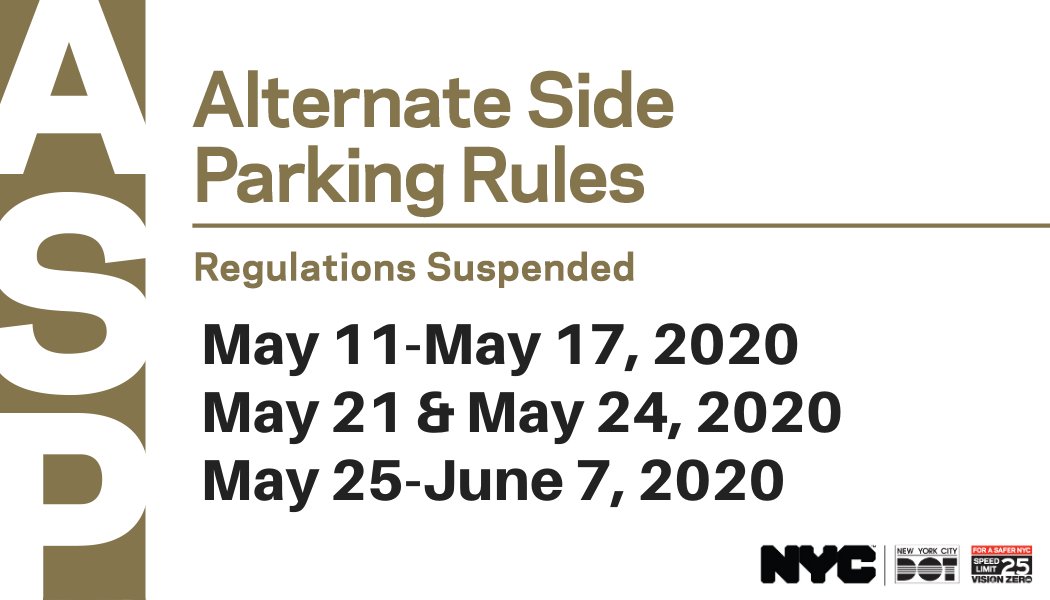 NYC DOT on Twitter "Alternate Side Parking NYCASP regulations are suspended through 5/17