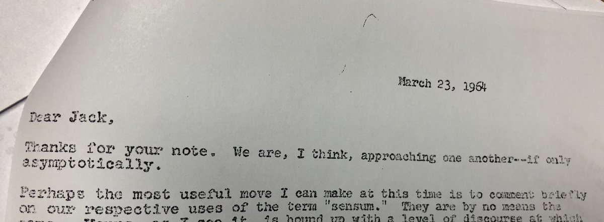 Smart wrote briefly to Sellars asking him a straight question. Sellars wrote back a 5-6 page long reply. Smart, overwhelmed by the response wrote back thanking him and pursuing the point further. This is the opening line of Sellars’s reply