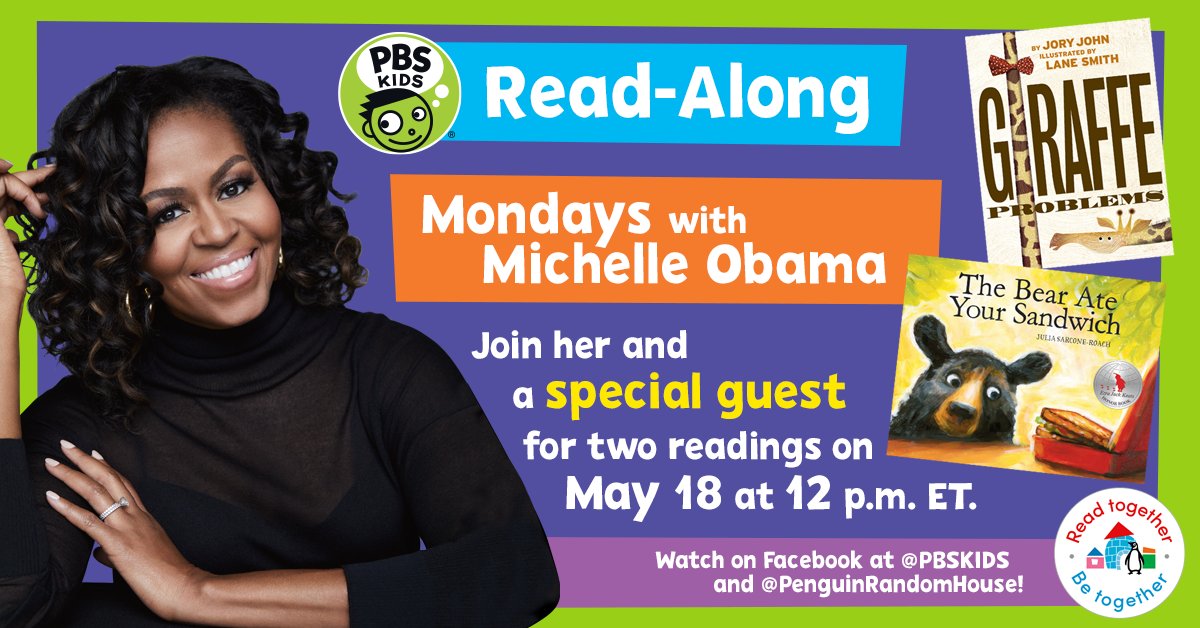 PBSKIDS's tweet photo. Join us May 18 for a new "Mondays with @MichelleObama" as she reads two books and a special guest joins her! Watch on the PBS KIDS &amp; @PenguinRandom Facebook pages, or PBS KIDS YouTube at 12 p.m. ET. #ReadTogetherBeTogether #pbskidsread https://t.co/7DtP8mEXKu