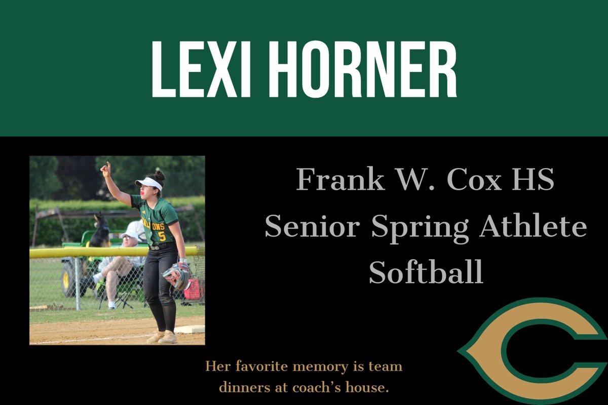 Frank W. Cox HS (@frankwcoxhs) on Twitter photo Next up is <a href="/coxclass2020/">Cox Class Of 2020</a> student-athlete Lexi Horner! Lexi plans to attend JMU! #FalconAwesome #ClassOf2020 Next up is <a href="/coxclass2020/">Cox Class Of 2020</a> student-athlete Lexi Horner! Lexi plans to attend JMU! #FalconAwesome #ClassOf2020