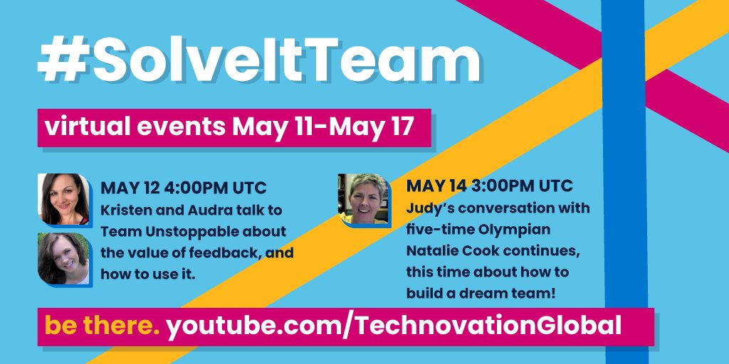 technovation's tweet image. We've got a great week coming up for problem-solvers on the #SolveItTeam! Tune in to tomorrow's livestream with team Unstoppable at 4:00pm UTC and another video premiere with @NatCookVB on Thursday about building the #dreamteam! 👊