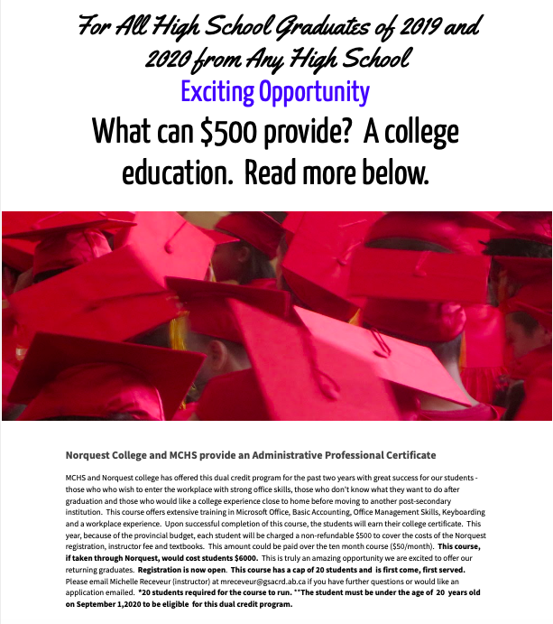 MCHS_gsacrd's tweet photo. Norquest College and MCHS are teaming up to provide the Administrative Professional program next year.  Where else can you get a college education for $500? @GSACRD #morinville https://t.co/iodlDdjb5r