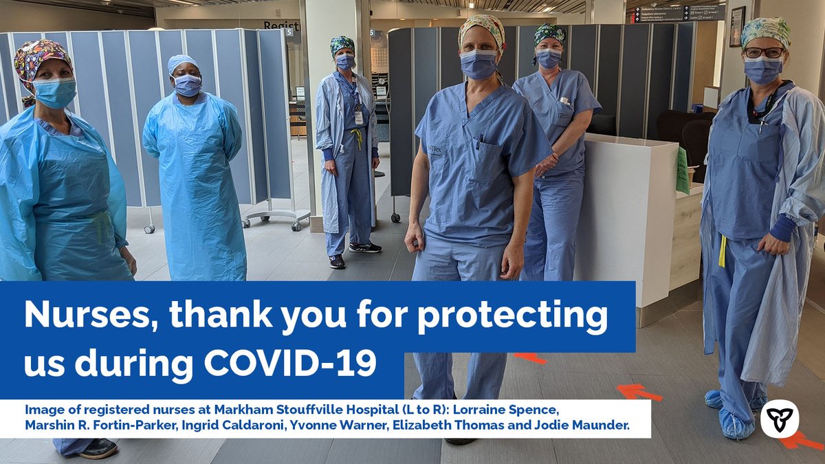 Nurses, thank you for protecting us during COVID-19. Image of registered nurses at Markham Stouffville Hospital (L to R): Lorraine Spence, Marshin R. Fortin-Parker, Ingrid Caldaroni, Yvonne Warner, Elizabeth Thomas and Jodie Maunder.
