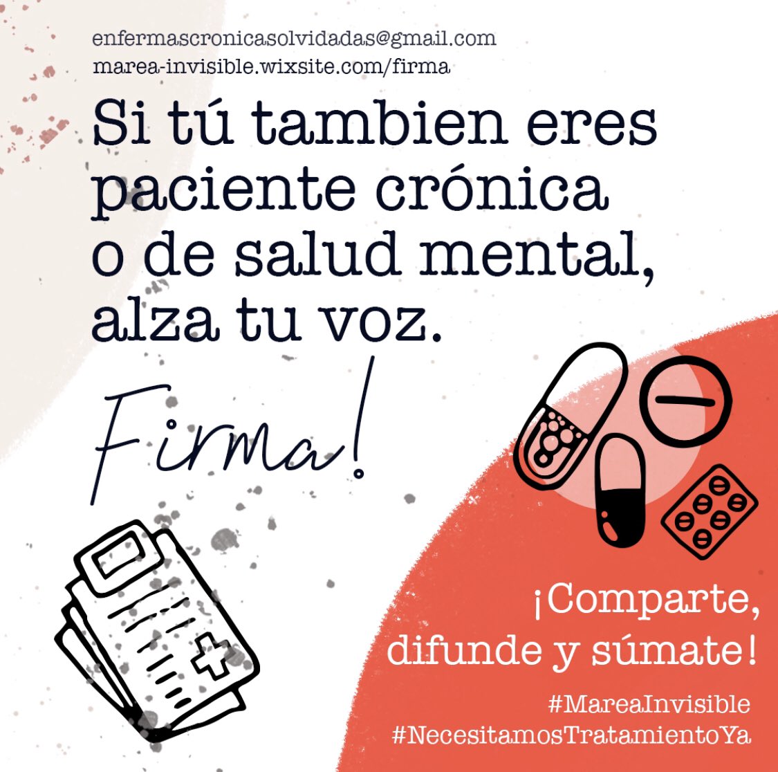 Hoy la #MareaInvisible alza la voz para no permitir jamás que la acallen. Representamos a pacientes crónicos, con dolor crónico y neuropático y de Salud Mental y estamos recogiendo firmas porque #NecesitamosTratamientoYa. ¡Súmate a nosotras en marea-invisible.wixsite.com/firma
 ¡Firma!