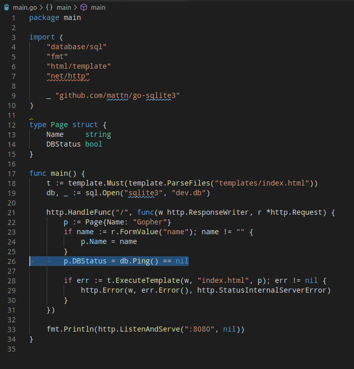 Hi #Gophers, this is a code snippet from a course by <a href="/larryrprice/">Laramy Bearimy</a>

At line 26 (highlighted) it assigns db .Ping() to p.DBStatus. In the same line it also checks if db .Ping() is equal to nil or not. 
What does this code actually do?

#Golang
#Go
<a href="/bot_golang/">golangbot</a> 
<a href="/RetweetGo/">Golang bot</a>