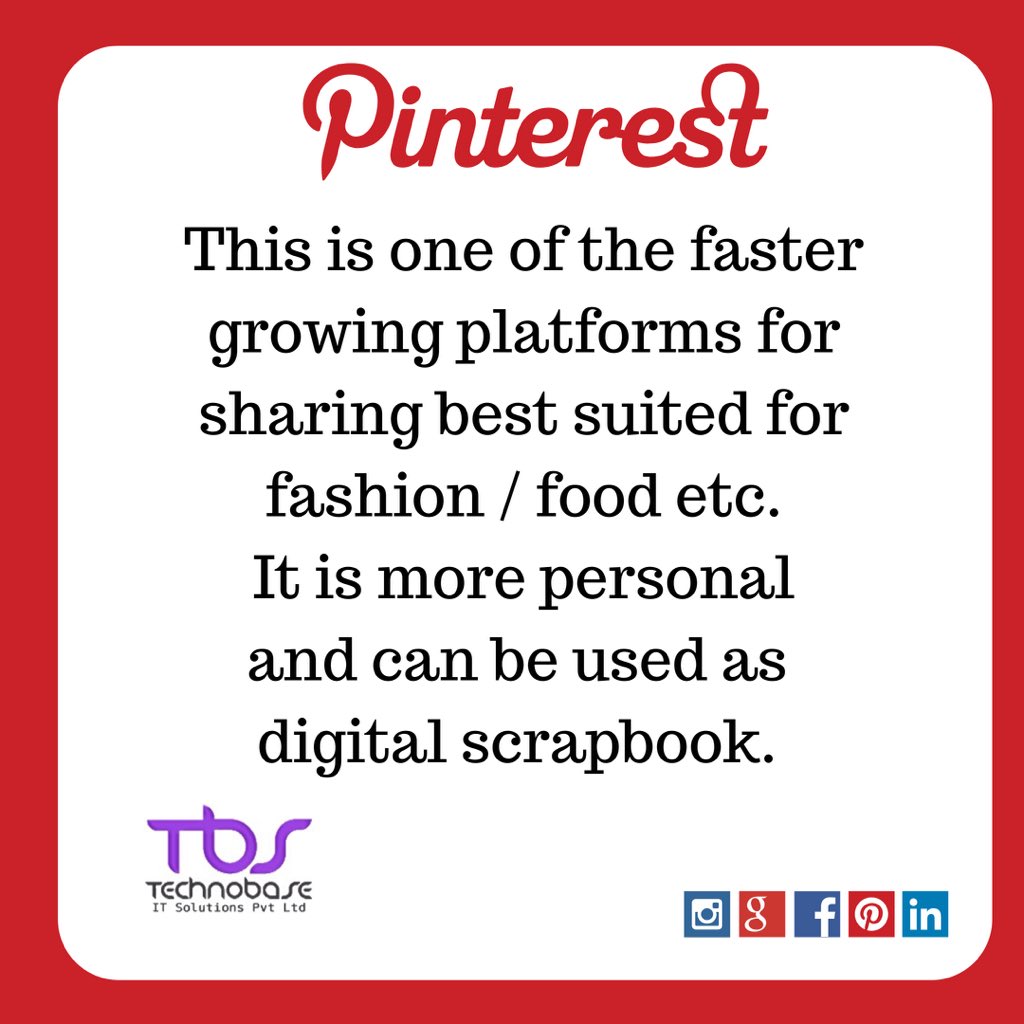 TechnoBaseSolut's tweet photo. This is one of the faster growing platforms for sharing best suited for fashion / food etc.
It is more personal and can be used as 
digital scrapbook. 
#pinterest #socialmediamarketing #platform #social #digital #media #scrapbook #faster #growing #sharing #increasing #networking https://t.co/igBFtWfxOM