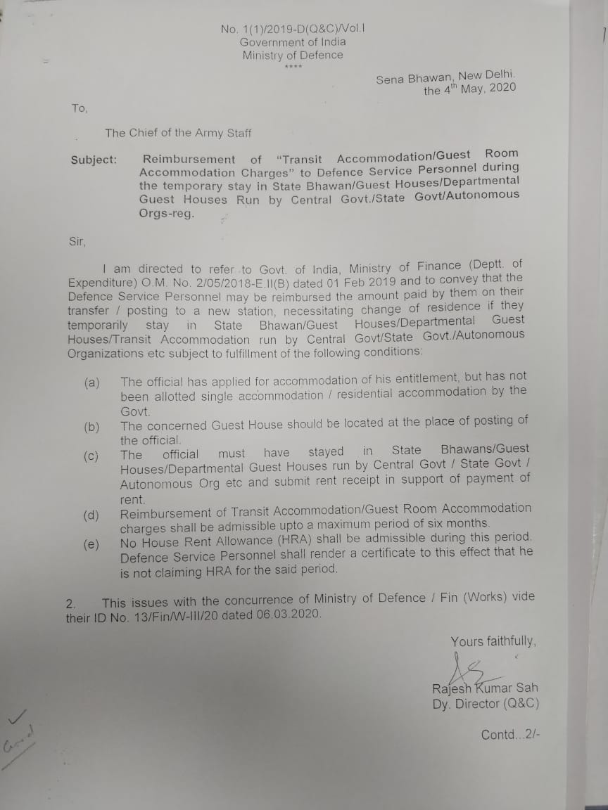 adgpi's tweet photo. Defence Service Personnel can now claim reimbursement of the amount paid by them on transfer/posting to a new station, necessitating a change of residence if they temporarily stay in Govt run Guest Houses/Transit Accommodation. https://t.co/sRmgHm8ywV