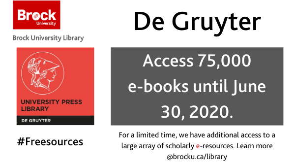 brock_library's tweet photo. Access thousands of e-books in the humanities, social sciences, medicine, mathematics, engineering, computer sciences, natural sciences, and law through DeGruyter's e-book platform. Log-in and learn today! #freesources https://t.co/38yQ9RVVu8