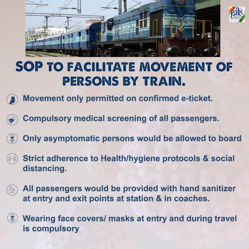 PIB_India's tweet photo. Ministry of Home Affairs issues Standard Operating Protocol (SOP) to facilitate movement of persons by train 🚉

#IndiaFightsCorona 

Details here: https://t.co/kCogjIEtjZ https://t.co/6GxUdYnKHX
