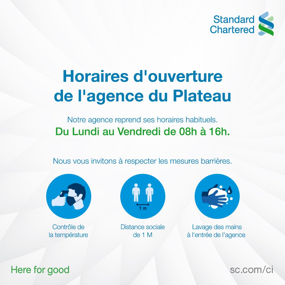 StanChartCI's tweet image. Notre agence du Plateau reprend officiellement ses horaires habituels d'ouverture.
Vous pouvez aussi accéder à tous nos services via l'app SC Mobile.
#HereforGood #Digitale #FightCovid19