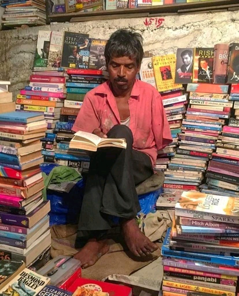 Meet Rakesh. He runs a 2nd hand book stall in Andheri, Mumbai where you can rent a book for ten rupees. When asked if he makes enough, Rakesh responded by saying "Ppl earn so they can spend money on something they want. I'm already surrounded by the 1 thing I've always wanted" 1n