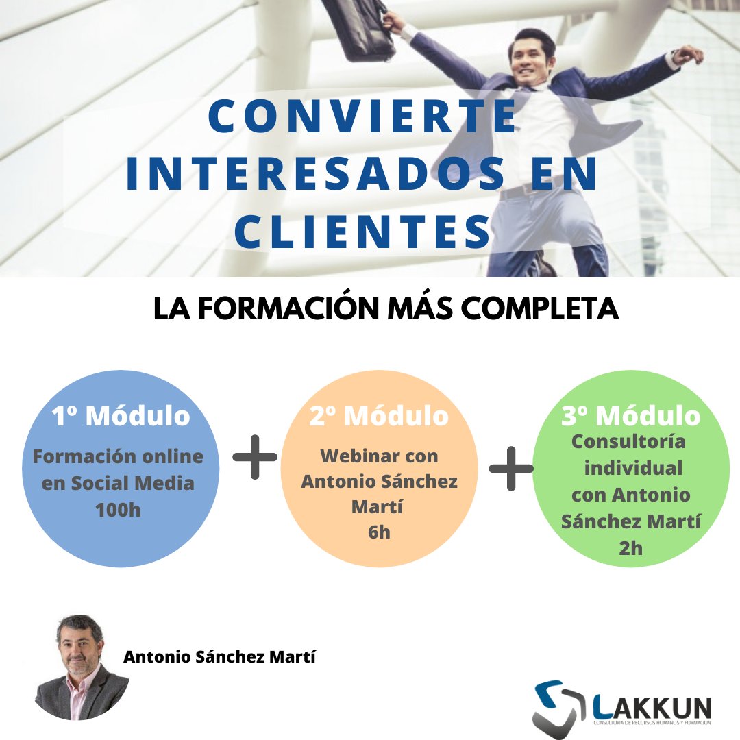 Lakkun Consultoría en RRHH
Publicado por Maria Sierra Costela · 5 min · 
¿Te dedicas al sector de la venta y quieres seguir creciendo profesionalmente? 🤓
📆 Fechas
1️⃣Modulo: del 25 de Mayo al 10 de Julio.
2️⃣Módulo : 11,18 y 24 de Junio de 18:00h a 20:00h
3️⃣Módulo : TU decides