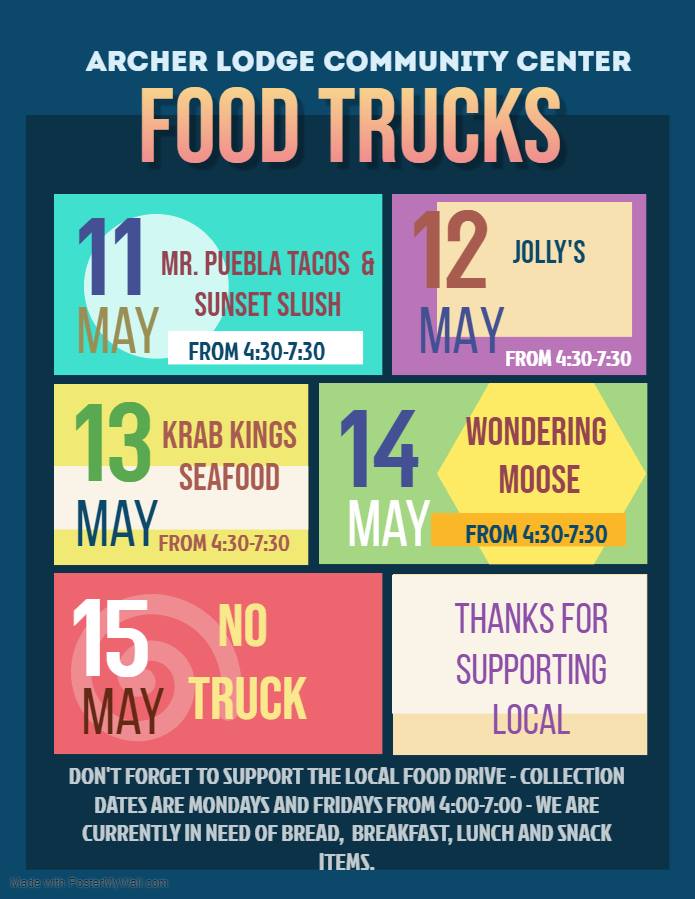 Below you will find a list of the trucks coming this week! The trucks will be set up in the parking lot of the Community Center. Note: This will be GRAB and GO only, there will be no onsite eating.
