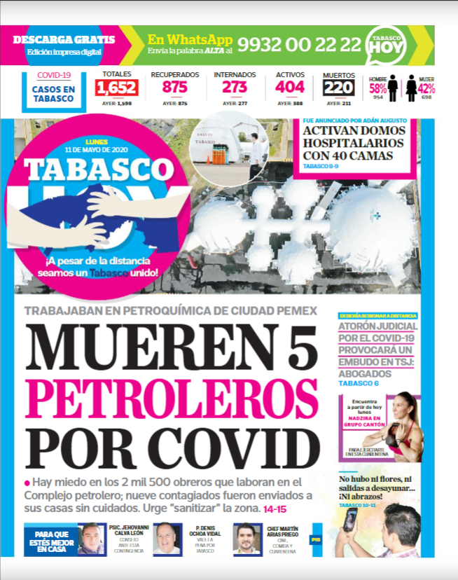 TabascoHOY's tweet photo. #PortadaTH ☕️📰
MUEREN 5 PETROLEROS POR COVID.

Hay miedo en los 2,500 obreros que laboran en el complejo petrolero; 9 contagiadas fueron enviadas a sus casas sin cuidados. Urge "sanitizar" la zona. https://t.co/vw5tjQEari