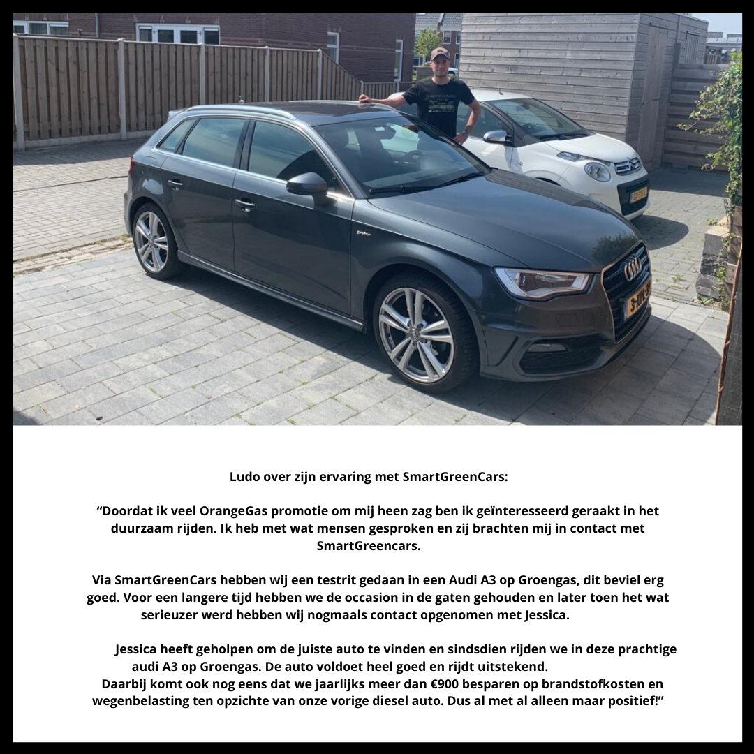 SmartGreenCars's tweet photo. Ludo over zijn ervaring met SmartGreenCars:

Jessica heeft geholpen om de juiste auto te vinden en sindsdien rijden we in deze prachtige audi A3 op Groengas. De auto voldoet heel goed en rijdt uitstekend. 

#smartgreencars #schoonrijden #goedkooprijden #schoonengoedkoop #groengas https://t.co/45WAMHcVO2