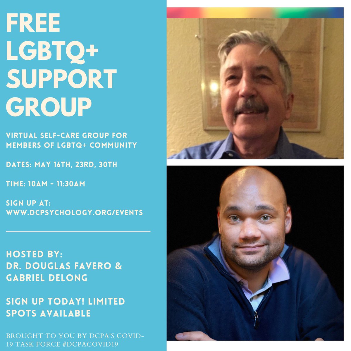 DCPsychAssoc's tweet photo. DCPA is offering a series of FREE virtual support group for LGBTQ+ folks May 16, 23, & 30, 10-11:30 AM! Log in and share your experience with the pandemic: https://t.co/WfefFNSHr5
#dcpacovid19 #MentalHealthMatters #LGBTQ #HealthyAtHome #LGBT #sharestrength @CapitalPrideDC https://t.co/V2SeVX3Hrv
