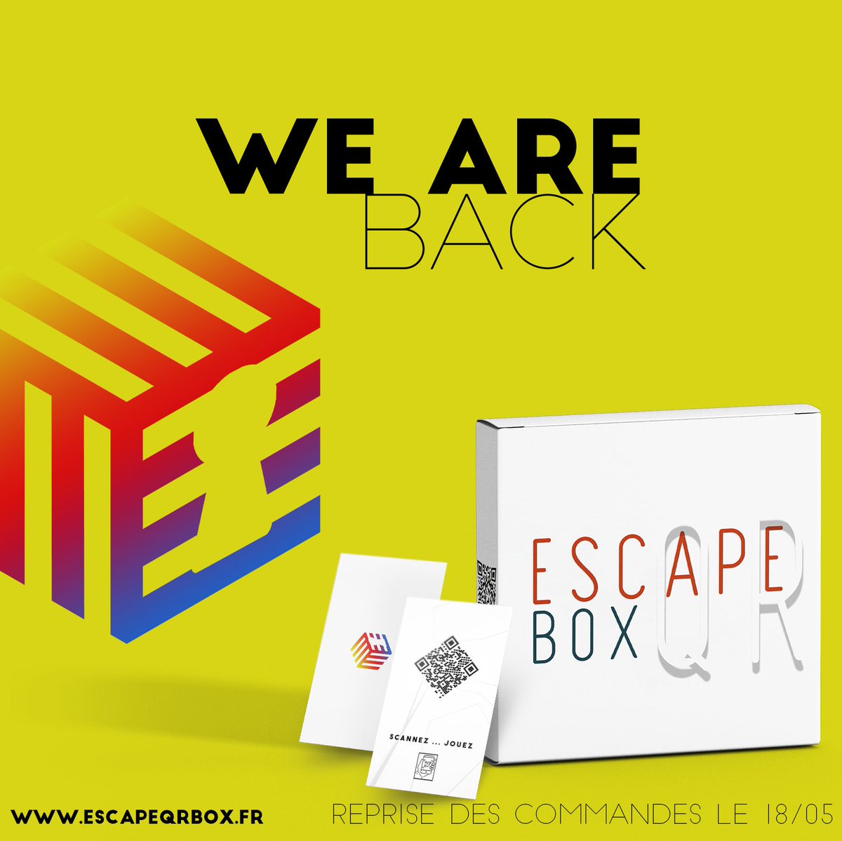 EscapeQRbox's tweet photo. Escape QR Box est de retour ! 
Mais le retour sera progressif, priorité aux commandes qui n'ont pu être honorées avant le confinement. Je rappelle que pour ces commandes, un code vous donnant une réduction de 20% sur votre prochaine Box vous sera envoyé par mail. 1/2 https://t.co/neP8qVybIy