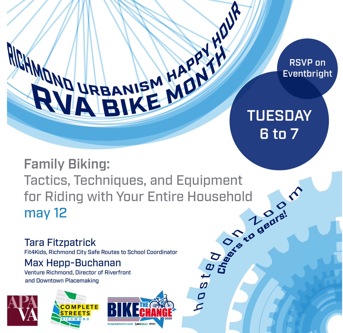 The grand finale of <a href="/APA_Virginia/">APA Virginia</a>’s #RVABikeMonth Urbanism Happy Hour is focused on the family! 👩‍👩‍👦👨‍👨‍👧 Tomorrow at 6pm learn how to safely ride with your entire clan from <a href="/MzFtz/">Tara FitzPatrick</a> of <a href="/GR_Fit4Kids/">Fit4Kids</a> &amp; @RVAbikedad of <a href="/VentureRVA/">Venture Richmond</a>! 🚴🏿‍♂️🚴🏼‍♀️🚴🏽💨
