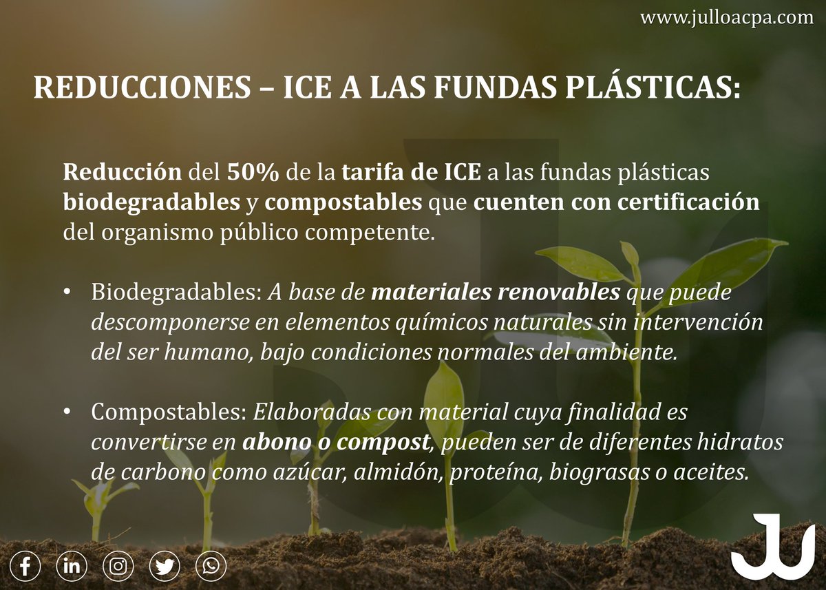 jsulloacpa's tweet photo. Exenciones y rebajas sobre las tarifas fijadas por concepto de ICE a las fundas plásticas.

✉️ jsu@julloacpa.com
📞 099 616 5209
🌐 https://t.co/hZFsWB7wzO

#ActualizaciónTributaria #TAX #ICE #SRI #Auditoría #Contabilidad #Impuestos #Consultoría #JSUlloaCPA https://t.co/qmDapQhojw