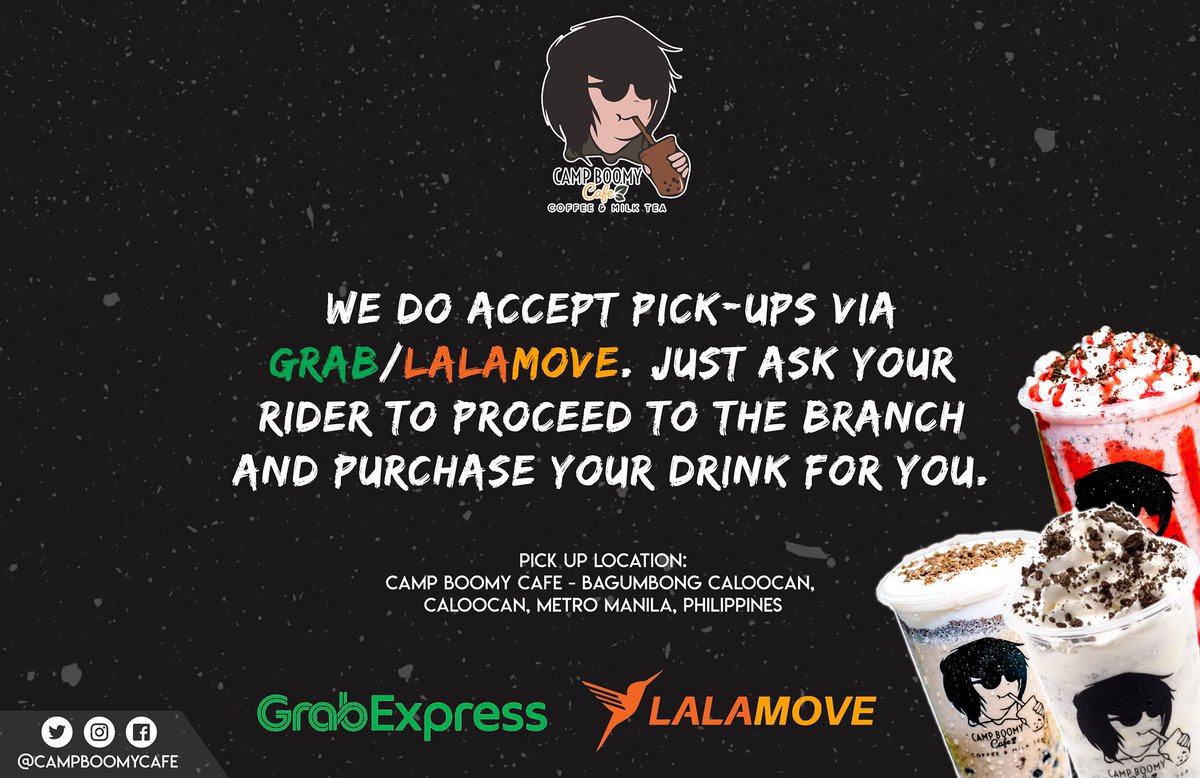 CampBoomyCafe's tweet photo. Since we do not have delivery service yet, you can book your own pabili service via GrabExpress/Lalamove. 😉

Take note, only our Bagumbong Branch is open from 9am-5pm. Other branches are still temporarily closed.

⚠️ Cheesecake Series is currently not available. ⚠️ https://t.co/HvlsLE74MD