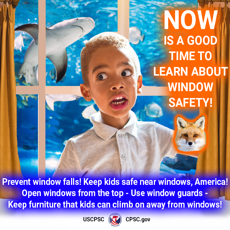 A kid standing in front of a window full of sharks. The text reads: Now is a good time to learn about window safety!