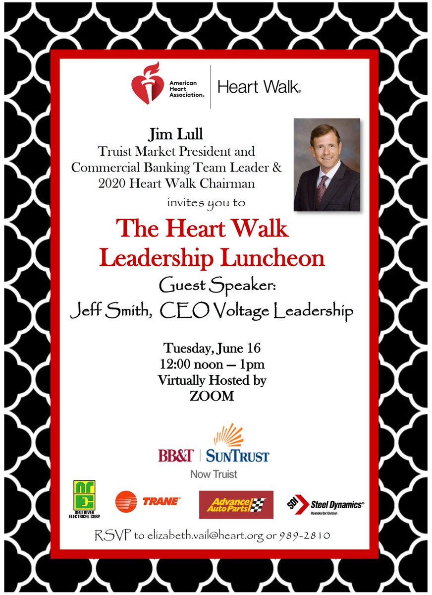 RoanokeChamber's tweet photo. Jim Lull, Truist Market President, Commercial Banking Team Leader, and 2020 Heart Walk Chairman invites you to the American Heart Association of Western VA's Heart Walk Leadership Luncheon. Learn more: https://t.co/aiecG4OT4I. #MemberNews https://t.co/q4PG3DOXib