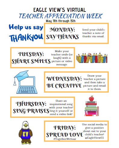 EagleViewES's tweet photo. Our @EagleViewES teachers are amazing and so we would like to honor them with a second week of appreciation!  #TogetherWeSoar https://t.co/BVqda2DJHp