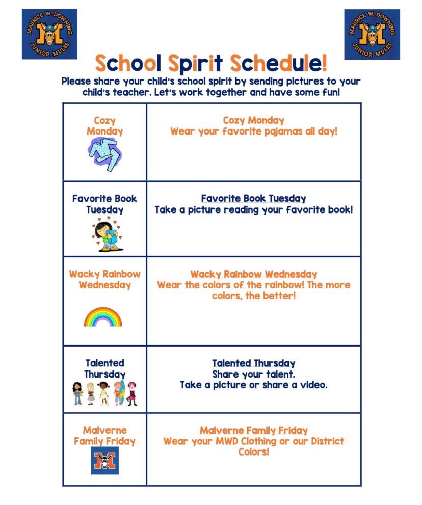MWDPrimary's tweet image. Downing is getting. Ready to kick off Spirit Week!#gomules