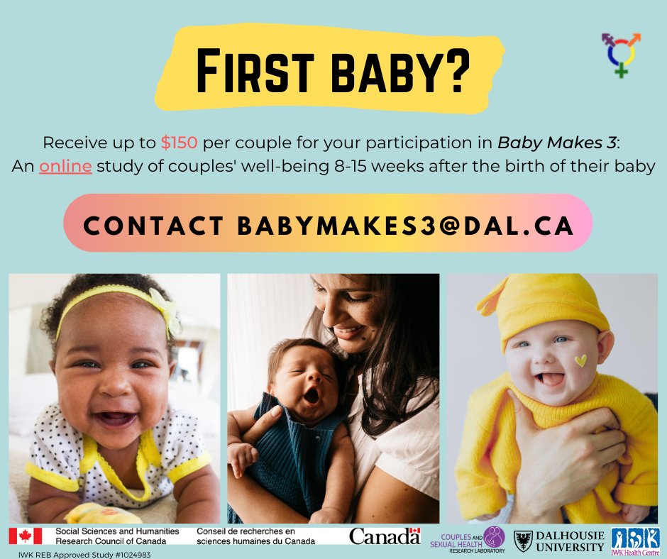 DalCaSHLab's tweet photo. The transition to #parenthood can be both joyful &amp; challenging. 

Help us to better understand &amp; improve this experience by participating in 'Baby Makes 3!': A paid, online #study of couples' well-being 8-15 weeks after the #birth of their #baby 👨‍👩‍👧

https://t.co/rcoAMF1is9 https://t.co/lFUfMBQ96S