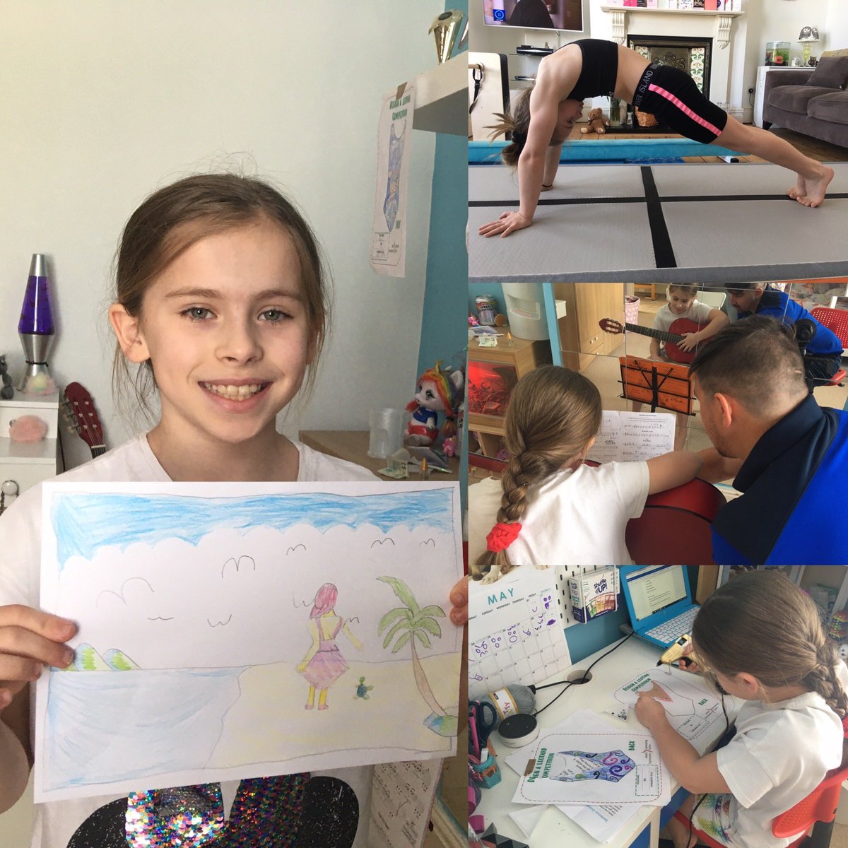 vickyonholliday's tweet photo. @Dosbarth4SB, Nia has drawn a picture to go with her creative writing which she has sent to you on hwb. Its been a very busy day, gym conditioning, guitar practice and a leotard design for a Welsh Gymnastics competition!! https://t.co/D3HmjkZXaA