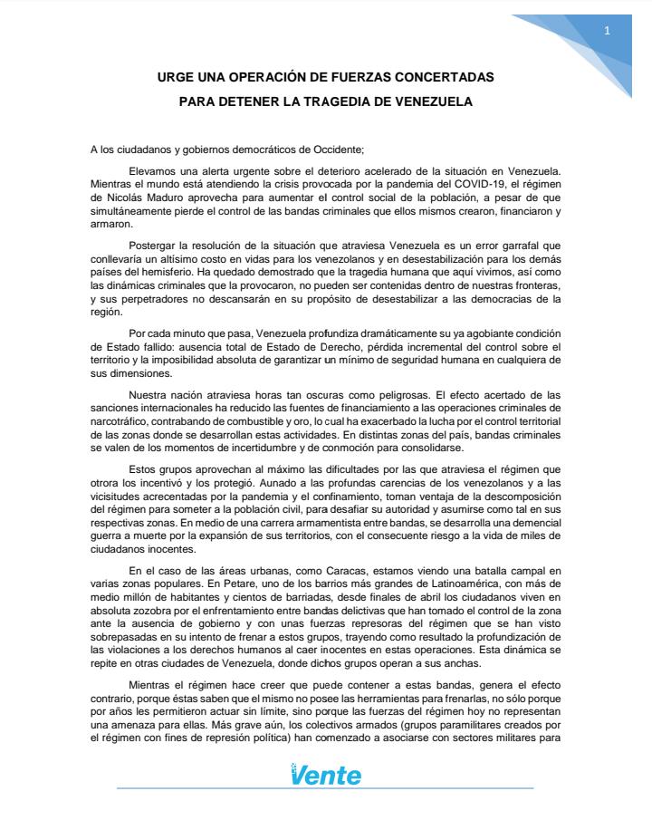 MariaCorinaYA's tweet photo. URGENTE 

Nuestro mensaje a los ciudadanos y gobiernos democráticos de Occidente:

𝐔𝐫𝐠𝐞 𝐮𝐧𝐚 𝐨𝐩𝐞𝐫𝐚𝐜𝐢𝐨́𝐧 𝐝𝐞 𝐟𝐮𝐞𝐫𝐳𝐚𝐬 𝐜𝐨𝐧𝐜𝐞𝐫𝐭𝐚𝐝𝐚𝐬 𝐩𝐚𝐫𝐚 𝐝𝐞𝐭𝐞𝐧𝐞𝐫 𝐥𝐚 𝐭𝐫𝐚𝐠𝐞𝐝𝐢𝐚 𝐝𝐞 𝐕𝐞𝐧𝐞𝐳𝐮𝐞𝐥𝐚.

Ayúdanos a llevar esta alerta al mundo! https://t.co/LhlmH6Fjy4