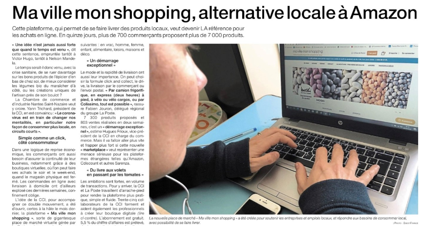 CCINantes's tweet photo. [#MavilleMonShopping] 🗞️Zoom dans @OuestFrance44 sur la plateforme https://t.co/ViOKFQk6EV. Déjà plus  700 commerçants/producteur/artisans locaux en ligne🧺♻️ !  
Professionnels, rejoignez vous aussi le mouvement  
👉https://t.co/PnykKRPoRS https://t.co/MailiwdtZe
