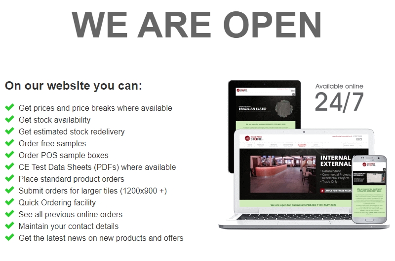 tradepricestone's tweet photo. We are open - Office is available to call on 01283 734990 or email Monday to Friday. Warehouse is open for pre-paid order collections, social distancing is respected, Monday to Thursday. Customers can log in at any time to our website : https://t.co/h6J6TNpu1K https://t.co/Uwypcs6rxA
