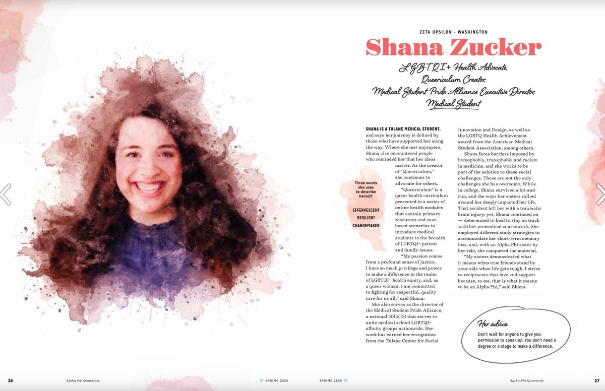 ShanaInMedicine's tweet image. I'm thrilled to be honored by @AlphaPhiIntl as one of their "30 Under 30," and as 1 of 8 featured in their print mag! It's such a privilege (look at my fellow alumnae), and it says so much about #APhi that they celebrate all my queerness: bit.ly/SZAPhiQ #LGBTQinMedicine
