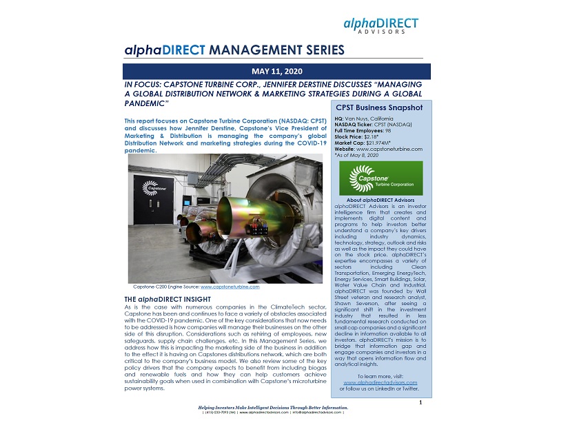alpha_DIRECT's tweet image. alphaDIRECT Discusses @CapstoneTurbine $CPST and "How to Manage a Global Distribution Network &amp;amp; Marketing Strategies during a Global Pandemic" #COVID19 #GREENENERGY  alphadirectadvisors.com/managementseri…