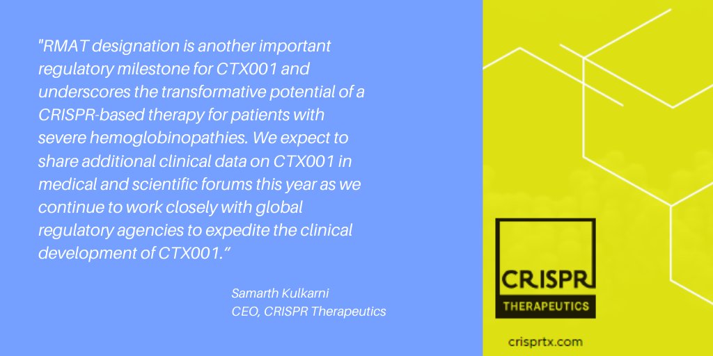 CRISPRTX's tweet image. We are pleased to announce that CTX001™ has been granted Regenerative Medicine Advanced Therapy (RMAT) designation by the U.S. FDA for the treatment of severe hemoglobinopathies. Learn more here: bit.ly/2WRciym
