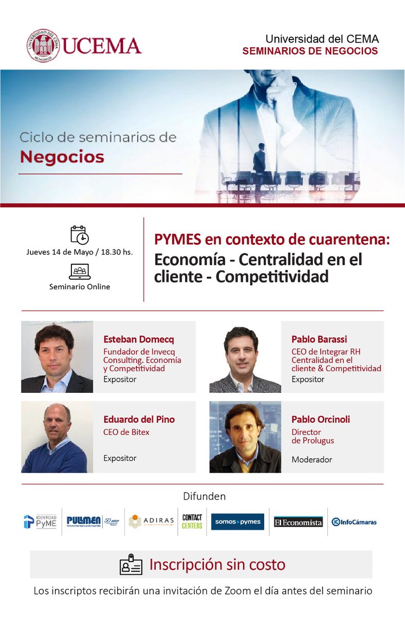 Este jueves <a href="/eduardodelpino/">Edu del Pino</a> CEO de Bitex, participará en el Webinar "PYMES en Contexto de Cuarentena: Economía, Centralidad en el Cliente- Competitividad", organizado por <a href="/UCEMA_edu/">UCEMA</a> 

Inscripción sin costo: ucema.edu.ar/cgi-bin/inscri…