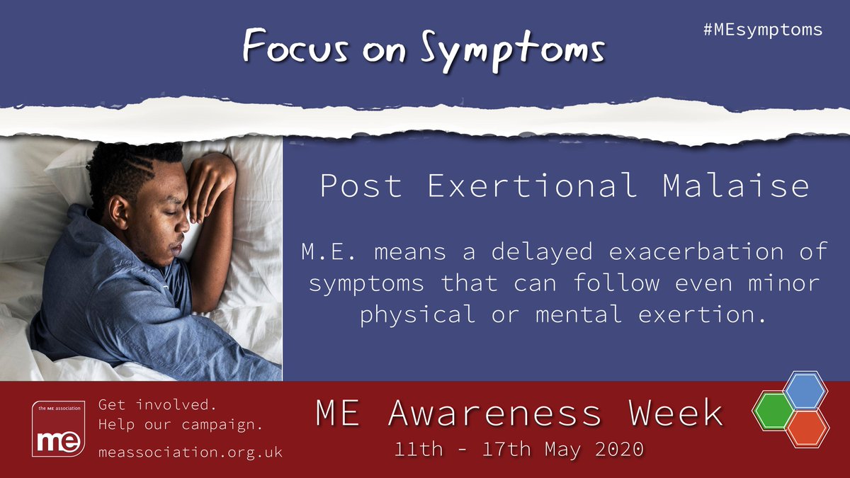 MEAssociation's tweet image. Following on from the previous post, the first symptom of ME we are sharing is Post Exertional Malaise. This is a delayed onset of symptoms after physical or mental exertion. 

If you are comfortable enough, share how PEM affects you in the comments.

#MESymptoms #MECFS #MEAW