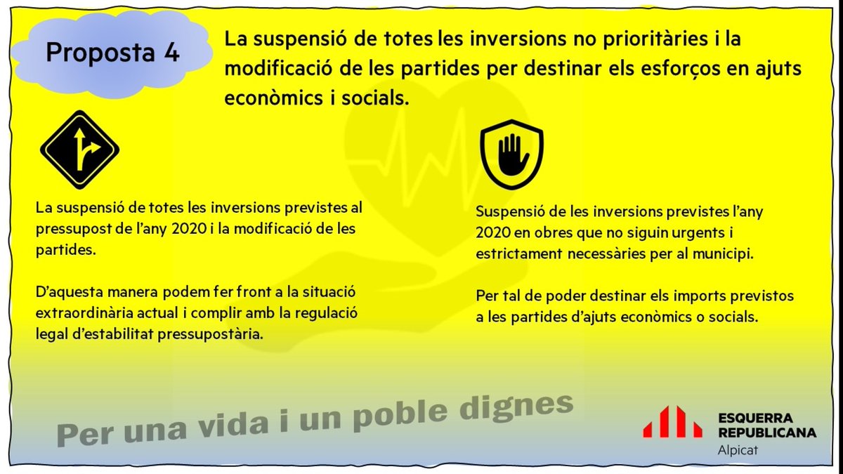 EsquerraAlpicat's tweet photo. 🗣️La quarta proposta!
✋🏽La suspensió de totes les inversions no prioritàries i la modificació de les partides per destinar els esforços en ajuts econòmics i socials. https://t.co/daj91685pW