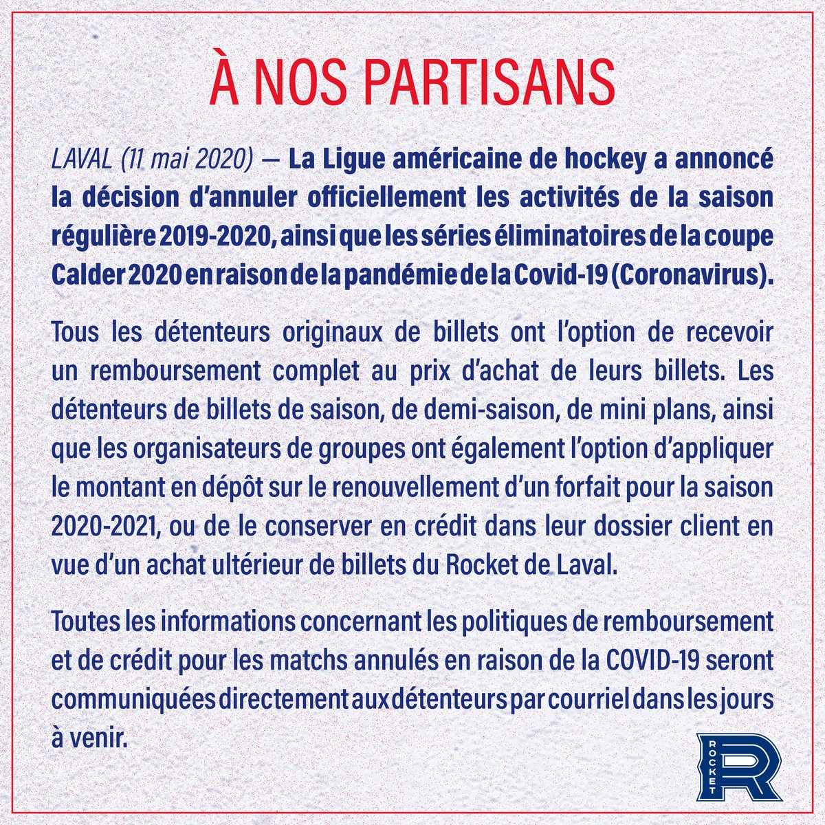 RocketLaval's tweet photo. La AHL annule officiellement le reste de la saison 2019-2020. Communiqué complet 👉https://t.co/vkmwzF7oGw https://t.co/hqoFLPTJrq