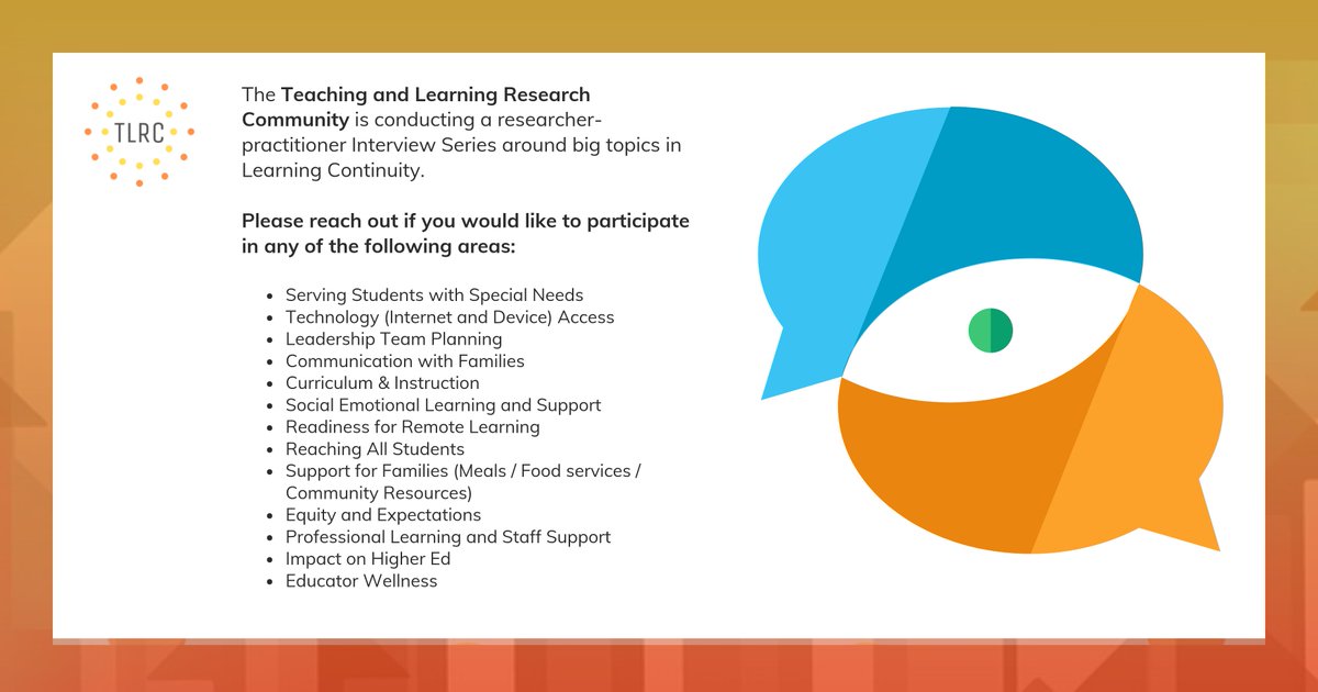 edresearch4tl's tweet photo. If you are a #practitioner or #edresearcher in these areas who would like to serve as an interviewer or interviewee on our upcoming series, please get in touch! Drop us a line at https://t.co/IGVu3HtCqY
@ricemarya @MarkDeschaine @EdTechPeck @KennedyEdTech @EdResearchWorks https://t.co/bwOtJeJubw