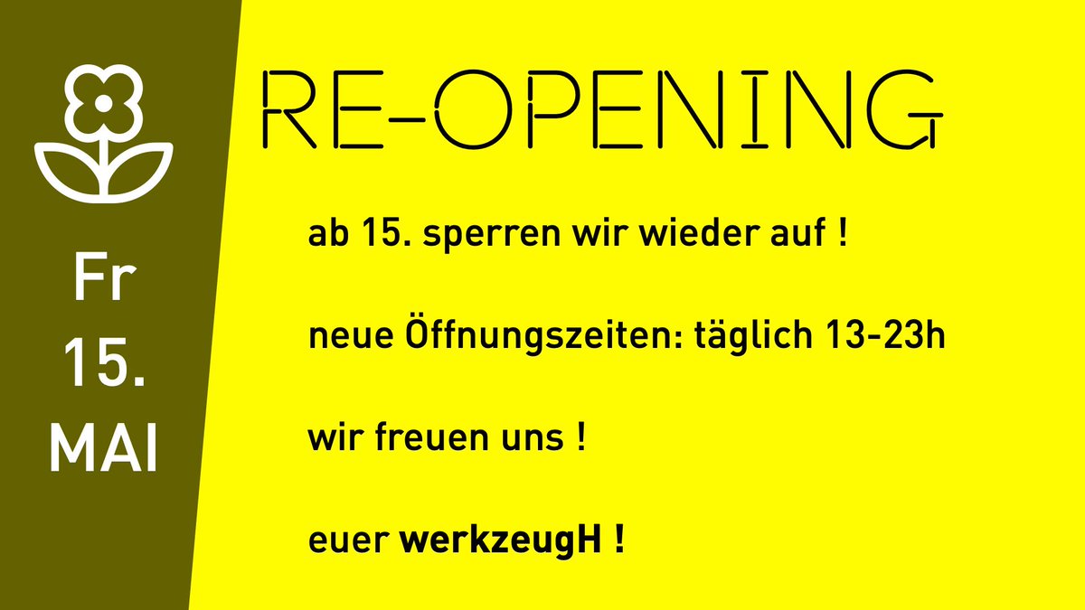 Wir sind fleissig am umbauen im Lokal und Garten um für das langsame Re-Opening gerüstet zu sein, Abstandsbereiche und Schlangen-Management :)

ab Mittwoch gibts hoffentlich auch schon unser neues Reservierungssystem auf werkzeugh.at

wir freuen uns !