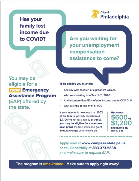 Eva_HHSphila's tweet photo. Philadelphians who are struggling financially because of the pandemic may be eligible for an emergency cash grant from the Pennsylvania Department of Human Services. See flyer for eligibility and call BenePhilly to get help applying 833-373-5868 https://t.co/XvfLPLCzIf