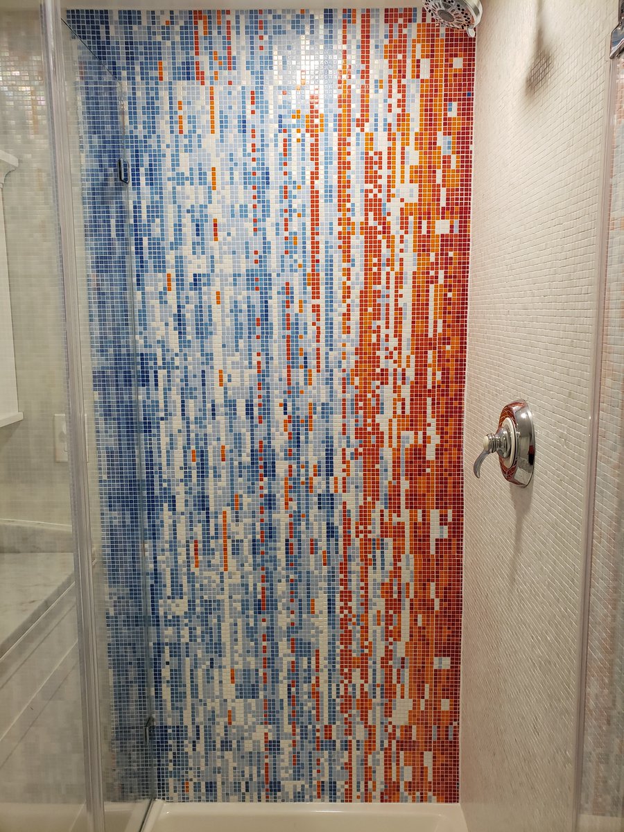 Behold: @TDiLiberto's and my new shower tiling, based on @ed_hawkins #ClimateStripes (global version where each tile is a country and year). #ShowYourStripes bbc.com/news/science-e…