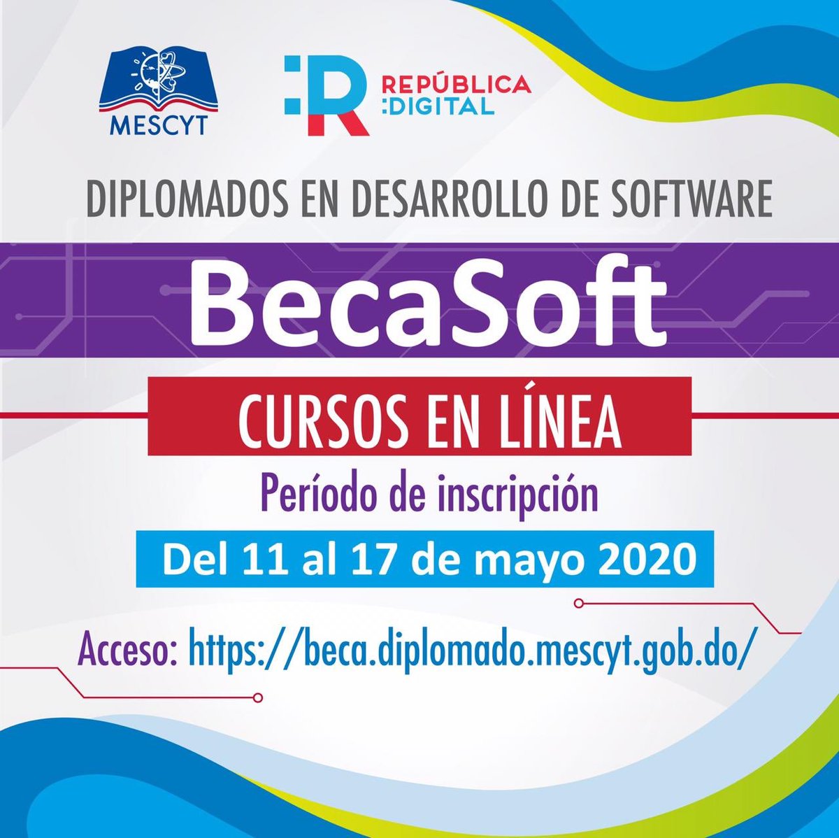MESCYTRD's tweet photo. Desde hoy, y hasta el domingo 17 de mayo, tienes la oportunidad de aplicar a nuestra Convocatoria a Diplomados en Desarrolo de Software para estudiantes universitarios y profesionales.
Requisitos, oferta académica y formulario, en: https://t.co/Q1YenCfDjj @RepDigitalDO #BecaSoft https://t.co/0YMX0Y2pKN