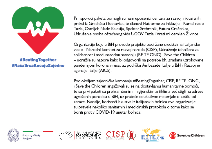 scnwb's tweet photo. Da #našasrcakucajuzajedno potvrdili smo u prethodnih par sedmica kada smo za 65 porodica s djecom s poteškoćama/invaliditetom iz 11 opština Tuzlanskog kantona osigurali pakete hrane i higijenskih proizvoda. #BeatingTogether @AICSTirana #ItalyinBiH https://t.co/x4F1VHdp72