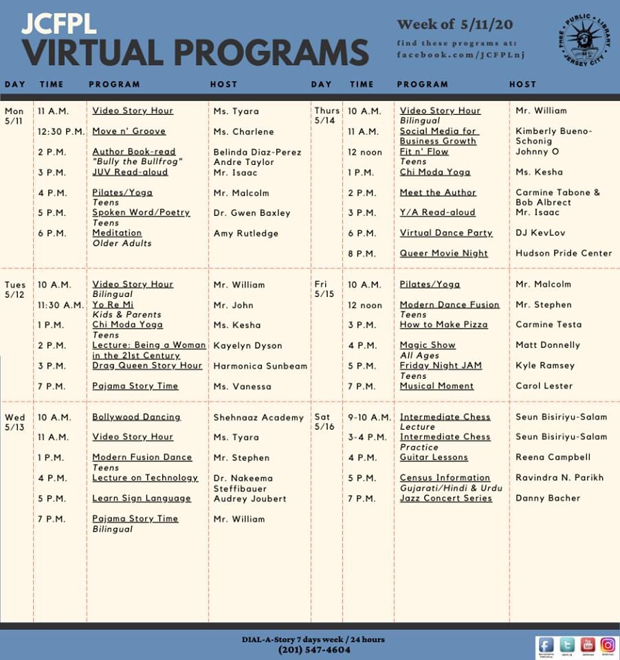 Are you ready for this week's virtual program schedules? Attached is a schedule for all events, one for adults and teen programming and one just for kids. Click on the picture to see it in more detail. Tune in for all of the great programs this week!