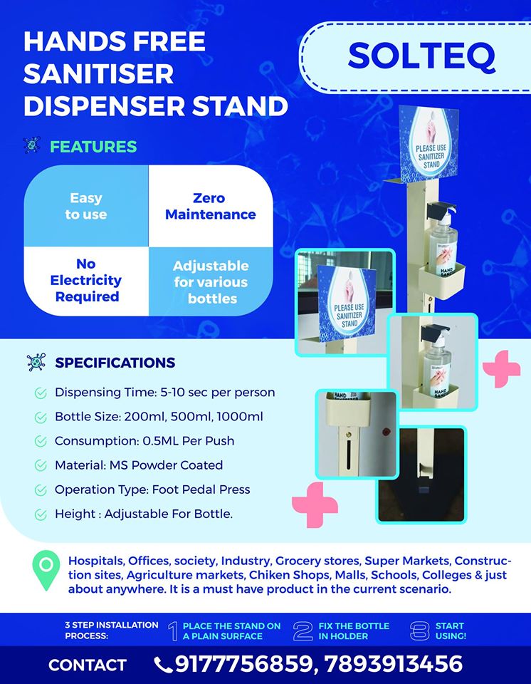 Bharath_369's tweet photo. Hi Sir 
@KTRTRS @bonthurammohan @jayesh_ranjan @CommissionrGHMC 
Please check this 
Hands-Free Sanitiser Dispenser Stand - Foot Paddle Operated
Quick &amp; easy to install &amp; safer to use. @SOLTEQGroup  #handsfreesanitizer https://t.co/kg5gIlw3li
