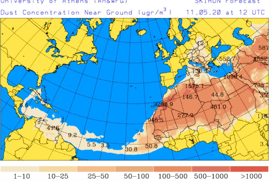 MeteoAero's tweet photo. #11May Venezuela con concentraciones de polvo sahariano cerca de 42 micr/mt3 atención asmáticos y alérgicos. https://t.co/Dl9X37ihiy