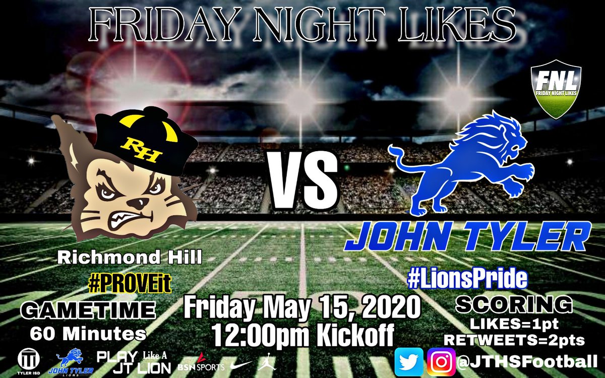Friday May 15th 
Start 12pm
End 1pm
Show your love for TEXAS &amp; JT Football as we represent our great state against <a href="/RHHSFootball/">Richmond Hill FB</a>
RETWEET &amp; LIKE the picture that will be posted on @JTHSFootball Twitter page on.
1 hour to score as many points as possible!
#LionsPride #JTD #TTP